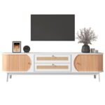 Mueble de TV de madera natural con puertas y cajones de ratán - Imagen 2